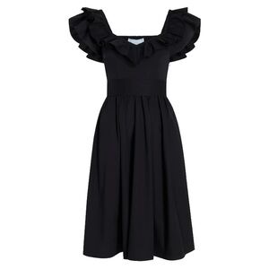Hill House Ava Nap Dress in Black Cotton Poplin Midi Ruffle Sleeve Smocked Back